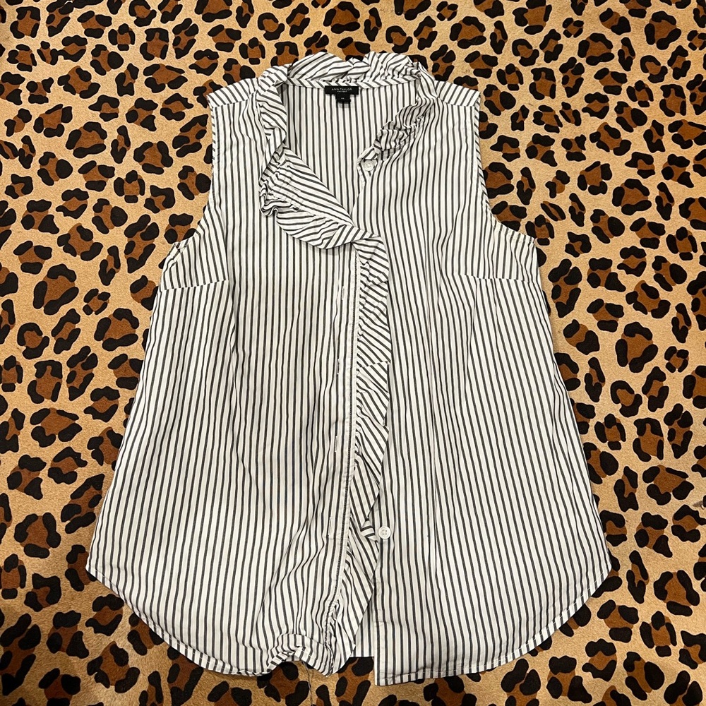 Ann Taylor Sleeveless Black & White Stripe Ruffle Tie Front Top